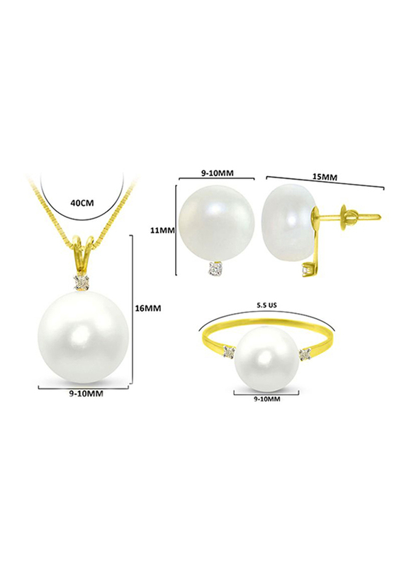 Vera Perla 3-Pieces 18K Gold Pendant Necklace, Earrings and Ring Set for Women, with 0.08ct Diamonds and 9-10 mm Pearl Stone, White