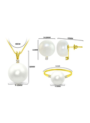 Vera Perla 3-Pieces 18K Gold Pendant Necklace, Earrings and Ring Set for Women, with 0.08ct Diamonds and 9-10 mm Pearl Stone, White