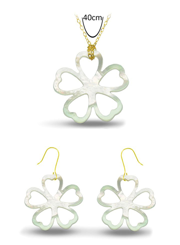 Vera Perla 2-Pieces 18K Gold Jewellery Set for Women, with Necklace and Earrings, Lucky Clover Shape Mother of Pearl Stone, White