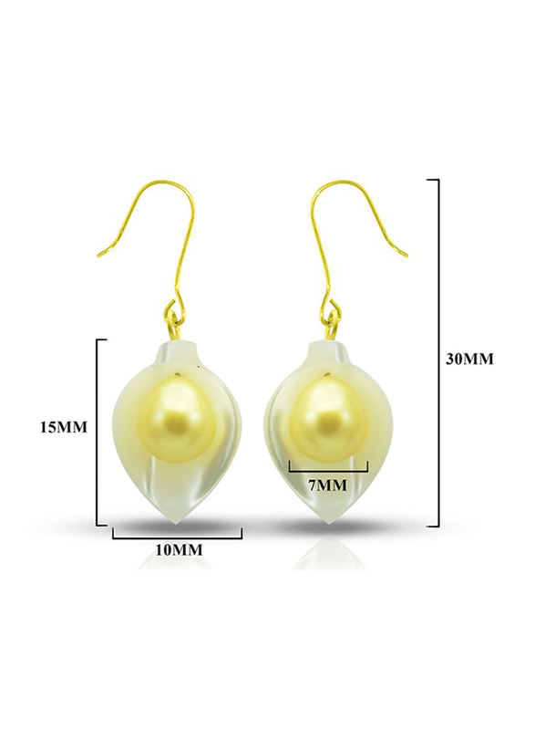 Vera Perla 18K Gold Dangle Earrings for Women, with Calla Lily Shape Mother of Pearl and Pearls Stone, White/Yellow/Gold