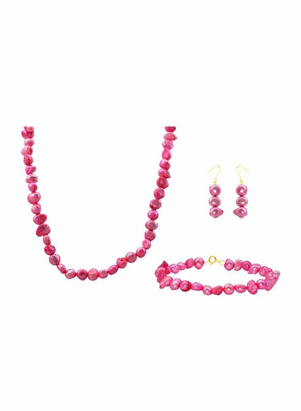Vera Perla 3-Pieces 10K Gold Strand Jewellery Set for Women, with 38cm Necklace, Bracelet and Earrings, with Pearl Stones, Pink