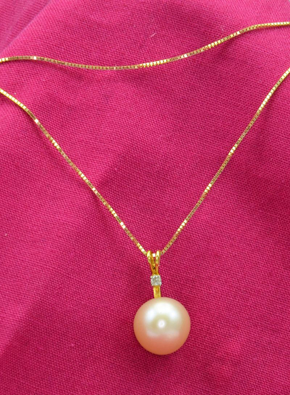 Vera Perla 18K Gold Pendant Necklace for Women, with 0.02ct Genuine Diamonds and 9-10mm Pearl Stone, Rose Gold