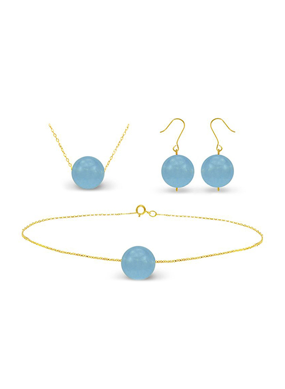 Vera Perla 3-Pieces 18K Solid Yellow Gold Simple Pendant Necklace for Women, with Earrings and Chain Bracelet, with 10 mm Stone, Blue