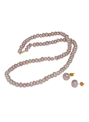 Vera Perla 2-Pieces 18K Gold Jewellery Set for Women, with Necklace & Earrings, with Pearl Stone, Purple