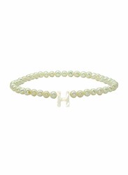 Vera Perla Elastic Stretch Bracelet for Women, with Letter H Mother of Pearl and Pearl Stone, White