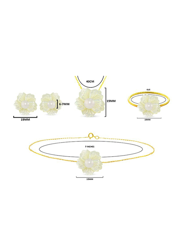 Vera Perla 4-Pieces 18K Solid Yellow Gold Pendant Necklace, Bracelet, Ring and Earrings Set for Women, with 19mm Flower Shape Mother of Pearl and 6-7mm Pearl, White/Gold