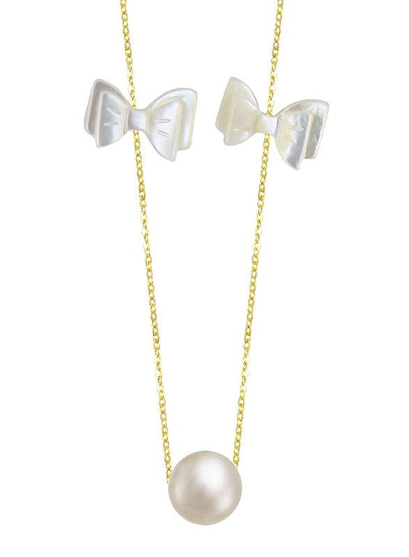 Vera Perla 18k Yellow Gold Chain Necklace for Women, with Pearl and Bows Cut Mother of Pearl Pendant, Gold/White