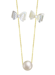 Vera Perla 18k Yellow Gold Chain Necklace for Women, with Pearl and Bows Cut Mother of Pearl Pendant, Gold/White