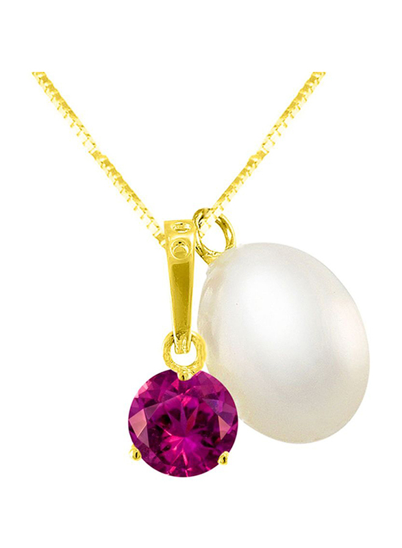 Vera Perla 18K Solid Yellow Gold Necklace for Women, with Zircon and 7 mm Pearl Stone Pendant, Purple/Gold/White
