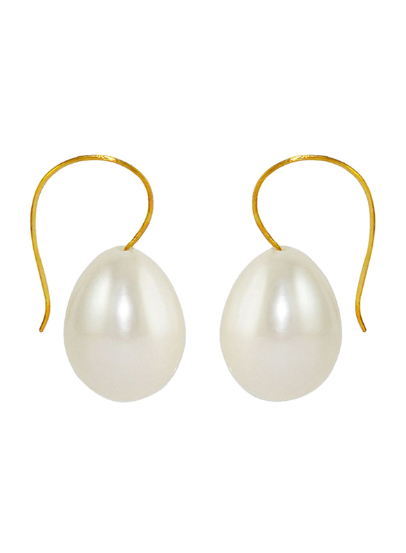 Vera Perla 10K Gold Drop Earrings for Women, with Pearl Stone, Gold/White