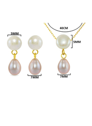 Vera Perla 3-Pieces 18k Yellow Gold Jewellery Set for Women, with Necklace, Bracelet and Earrings, with Button Pearl Drop and Pearl Drop, White/Purple