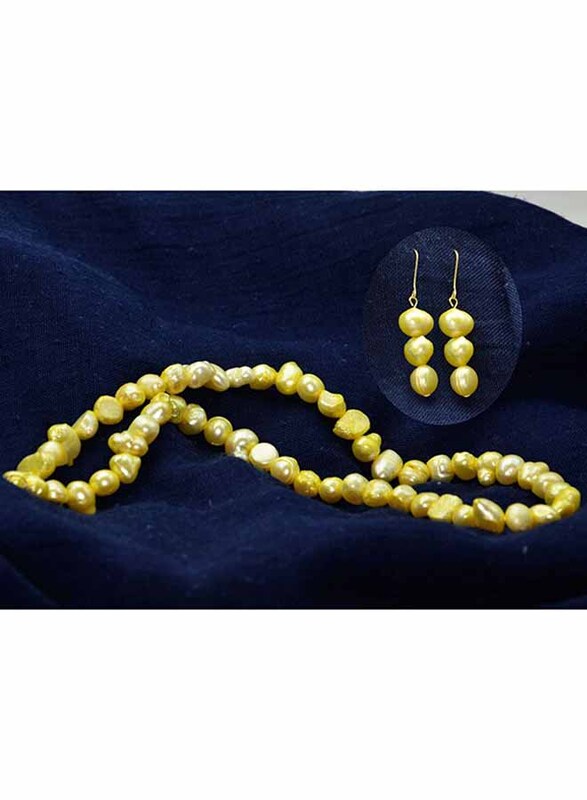 Vera Perla 2-Pieces 10K Gold Strand Jewellery Set for Women, with Necklace and Earrings, with Pearl Stones, Yellow