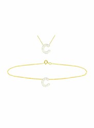 Vera Perla 2-Pieces 18k Yellow Gold C Letter Jewellery Set for Women, with Necklace and Earrings, with Mother of Pearl Stone, Gold/White