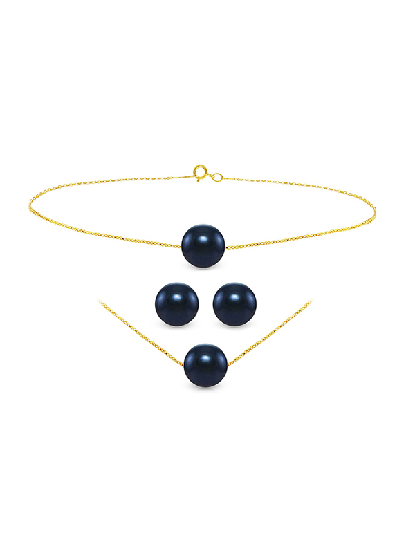 Vera Perla 3-Pieces 18K Gold Jewellery Set for Women, with Necklace, Bracelet & Earrings, with Pearl Stone, Gold/Black