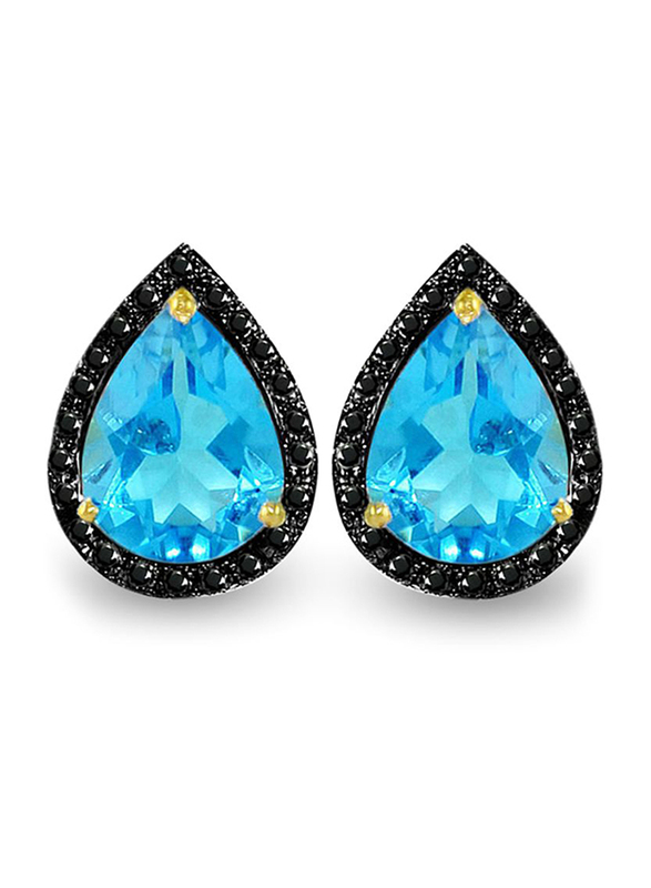 Vera Perla 18K Gold Button Earrings for Women, with 0.24 ct Genuine Diamond & Topaz Stone, Blue/Black
