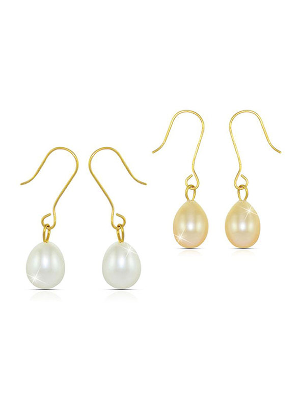 Vera Perla 2-Pieces 10K Gold Dangle Earrings for Women, with Pearl Stone, White/Beige