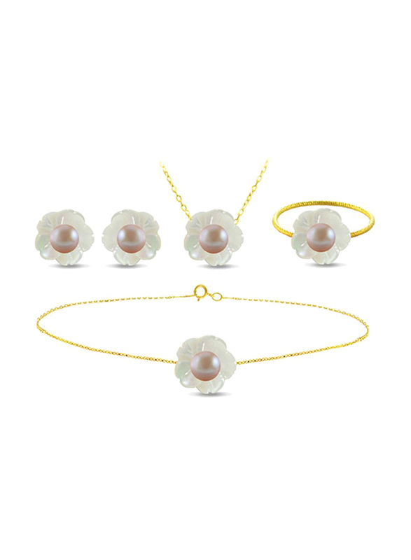Vera Perla 4-Pieces 18K Solid Yellow Gold Jewellery Set for Women, with Necklace, Bracelet, Earrings and Ring, with Mother of Pearl Shell and 4mm Pearl Stones, White/Purple
