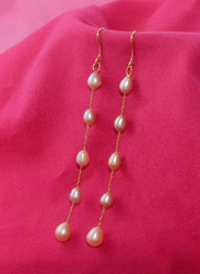 Vera Perla 10K Gold Opera Drop Earrings for Women, with White Pearl Stones, Pink