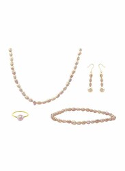 Vera Perla 4-Pieces 18K Gold Strand Jewellery Set for Women, with Necklace, Bracelet, Earrings and Ring, with Pearl Stones, Beige