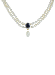 Vera Perla 18K Gold Strand Necklace for Women, with 0.12ct Diamonds, Oval Sapphire and Pearl Stones, White/Blue