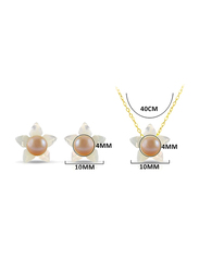 Vera Perla 3-Pieces 18k Solid Yellow Gold Jewellery Set for Women, with Necklace, Bracelet and Earrings, with Mother of Pearl Flower Shape and 4mm Pearl, White/Rose Gold