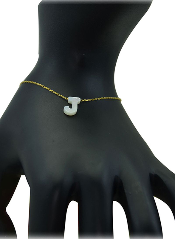 Vera Perla 18K Gold Charm Bracelet for Women, with J Letter Mother of Pearl Stone, Gold/White