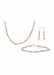 Vera Perla 3-Pieces 18K Gold Jewellery Set for Women, with Necklace, Lobster Bracelet and Earrings, with Pearl Stones, Off White
