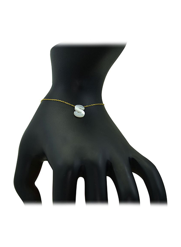 Vera Perla 18K Gold S Letter Charm Bracelet for Women, with Mother of Pearl Stone, Gold/White
