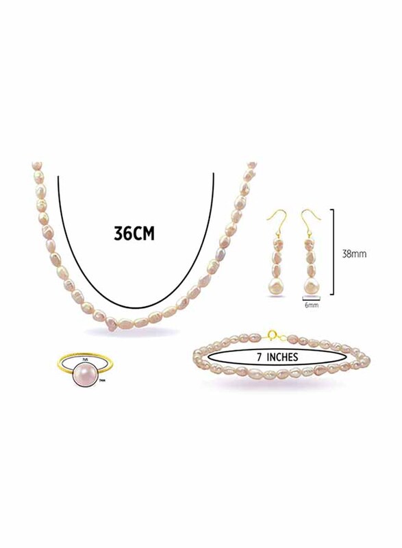 Vera Perla 4-Pieces 18K Gold Strand Jewellery Set for Women, with Necklace, Bracelet, Dangle Earrings and Ring, with Pearl Stones, Purple