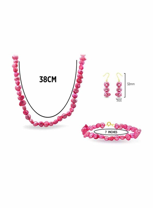 Vera Perla 3-Pieces 18K Gold Jewellery Set for Women, with Necklace, Lobster Bracelet and Earrings, with Pearl Stones, Pink
