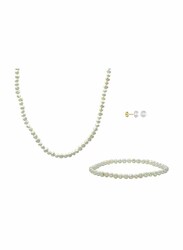 Vera Perla 3-Pieces 10K Gold Jewellery Set for Women, with 36cm Necklace, Bracelet and 7mm Earrings, with Pearl Stones, White