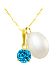 Vera Perla 18K Solid Yellow Gold Necklace for Women, with Zircon and 7 mm Pearl Stone Pendant, Blue/Gold/White