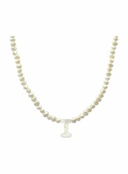 Vera Perla 18K Gold Strand Pendant Necklace for Women, with Letter I and Mother of Pearl Stones, White