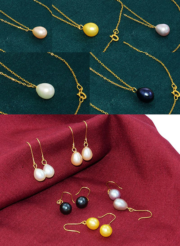 Vera Perla 6-Pieces 18K Gold Pearl Pendant Necklace for Women, with 4 Pair Earrings, with 7mm Pearl Stone, Multicolour