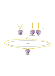 Vera Perla 3-Pieces 18K Solid Yellow Gold Jewellery Set for Women, with Necklace, Bracelet and Earrings, with 7mm Amethyst Stone, Gold/Purple
