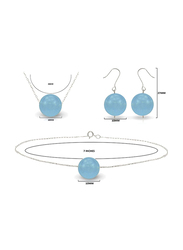 Vera Perla 3-Pieces 18K Solid White Gold Earring, Bracelet and Necklace Set for Women, with Necklace, Bracelet and Earrings, with 10 mm Jade Stone, Blue/Silver