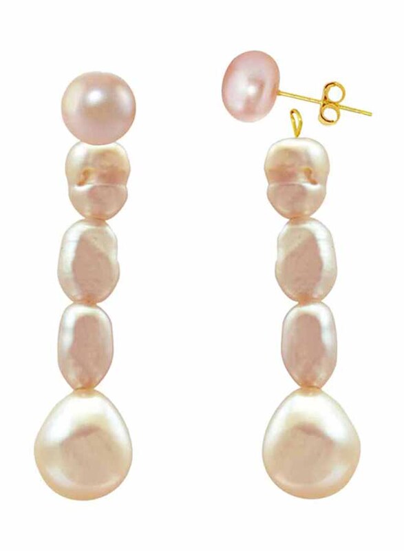 Vera Perla 10K Gold Stud Dangle Pearls Earrings for Women, with Pearl Stones, Pink