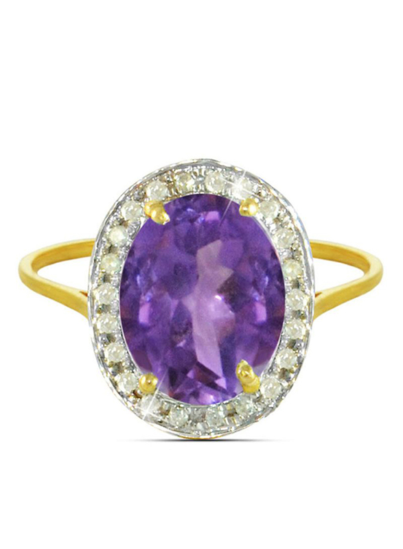 Vera Perla 18K Gold Fashion Ring for Women, with 0.12 ct Genuine Diamonds and Oval Cut Amethyst Stone, Purple/Gold/Clear, US 6.5