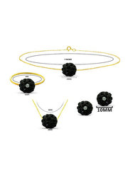 Vera Perla 4-Pieces 18K Solid Yellow Gold Simple Pendant Necklace, Bracelet, Ring and Earrings Set for Women, with 10mm Crystal Ball, Black/Gold