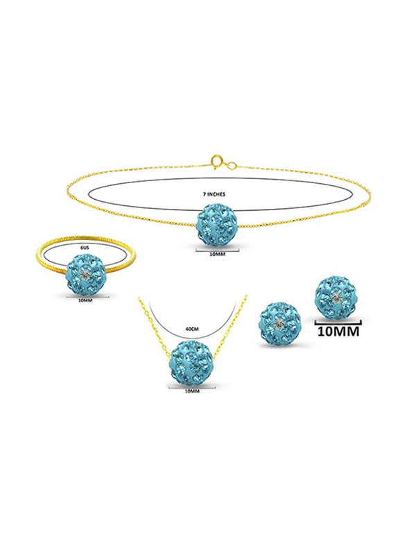 Vera Perla 4-Pieces 18K Solid Yellow Gold Simple Pendant Necklace, Bracelet, Ring and Earrings Set for Women, with 10mm Crystal Ball, Aqua/Gold