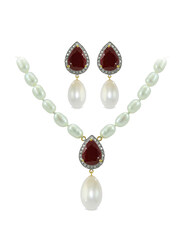 Vera Perla 2-Piece 18K Gold Jewellery Set for Women, with Necklace and Earrings, with 0.36ct Diamond, Royal Indian Ruby and Pearls Stone, Blue/White