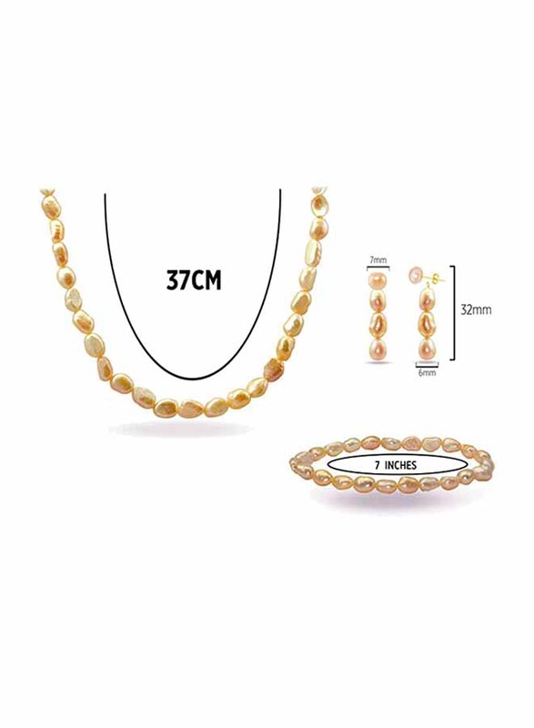 Vera Perla 3-Pieces 10K Gold Jewellery Set for Women, with 37cm Necklace, Bracelet and Earrings, with Pearl Stones, Rose Gold