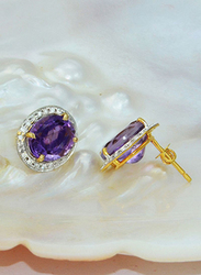 Vera Perla 18K Gold Stud Earrings for Women, with 0.24 ct Diamonds and Oval Cut Amethyst Stone, Purple