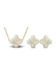 Vera Perla 2-Pieces 10K Gold Jewellery Set for Women, with Necklace and Earrings, with Plum Flower Shape Mother of Pearl Stone, White/Gold