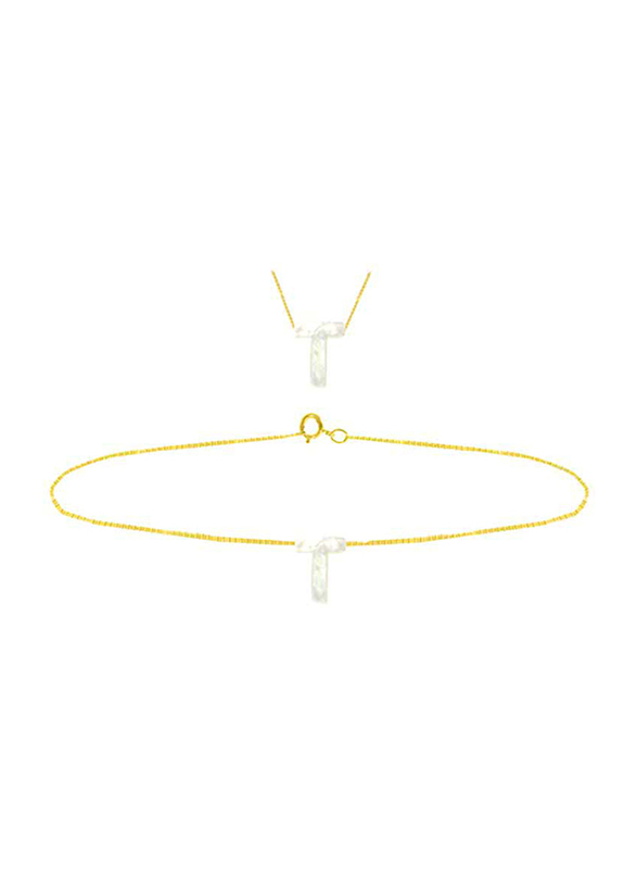 Vera Perla 2-Pieces 18k Yellow Gold T Letter Jewellery Set for Women, with Necklace and Earrings, with Mother of Pearl Stone, Gold/White