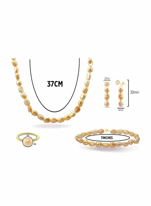 Vera Perla 4-Pieces 10K Gold Jewellery Set for Women, with Necklace, Bracelet, Ring and Earrings, with Pearl Stones, Beige