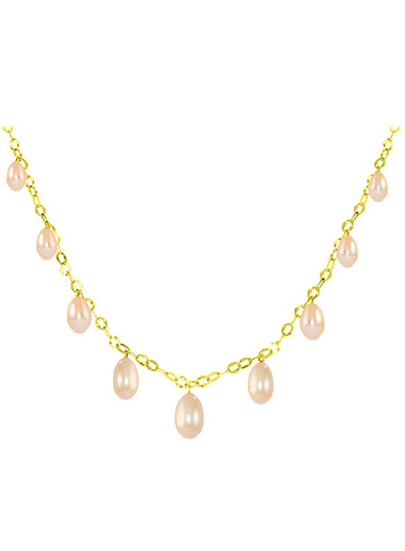 Vera Perla 18K Gold Drops Chain Necklace for Women, with Pearl Stone, Gold/Pink