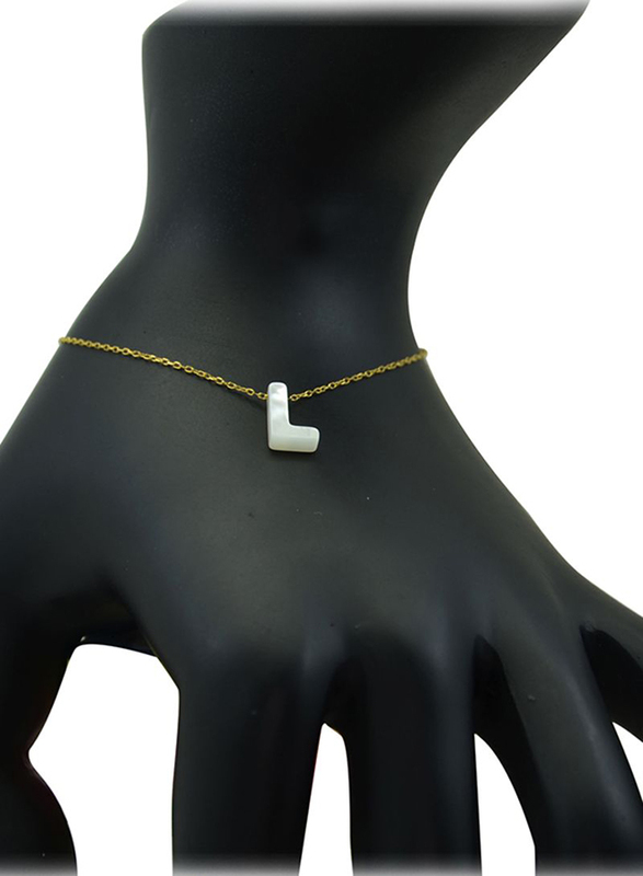 Vera Perla 18K Gold Charm Bracelet for Women, with L Letter Mother of Pearl Stone, Gold/White