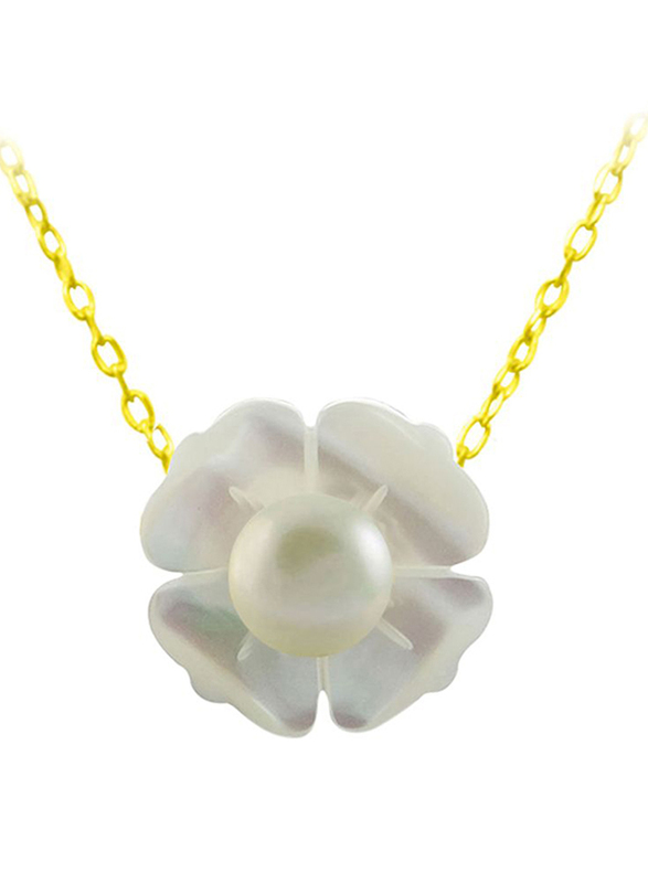 Vera Perla 18K Solid Yellow Gold Pendant Necklace for Women, with 13mm Mother of Pearl Flower Shape, with 4 mm Pearl Stones, Gold/Jade