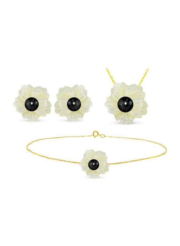 Vera Perla 3-Pieces 18K Solid Yellow Gold Pendant Necklace, Bracelet and Earrings Set for Women, with 19mm Flower Shape Mother of Pearl and 6-7mm Pearl, White/Gold/Black